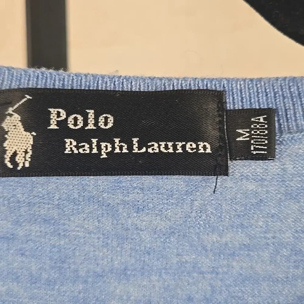 Polo Ralph Lauren Wool Cashmere V Neck Sweater Pony Logo Blue Size Medium